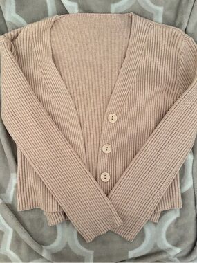 Ribbed V-Neck Button Front Sweater Cardigan - Blush